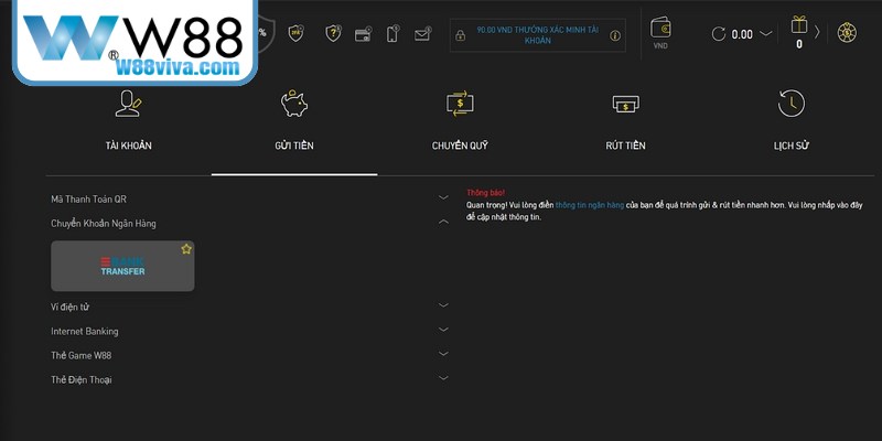 Mỗi phương thức tại W88 đều có mức giới hạn tối thiểu và tối đa